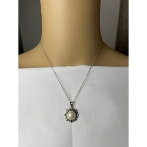 Beautiful Vintage Sterling Necklace With Faux Pearl, Measures 16"